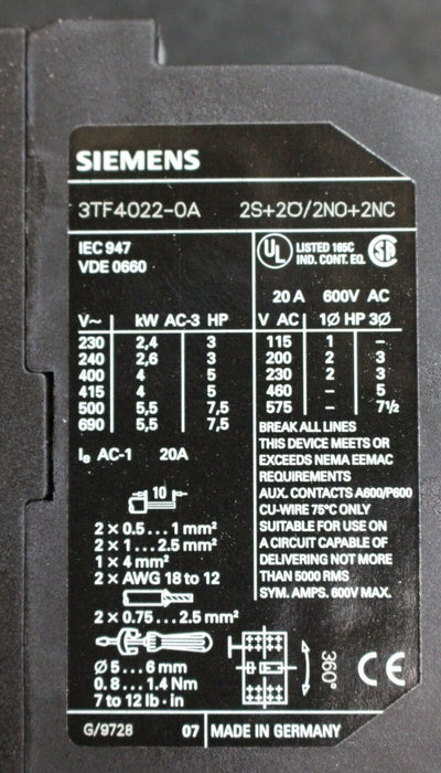 SIEMENS Schütz contactor 3TB4022-OAP0 220V 50Hz / 277V 60Hz 400/380VAC-3 4kW