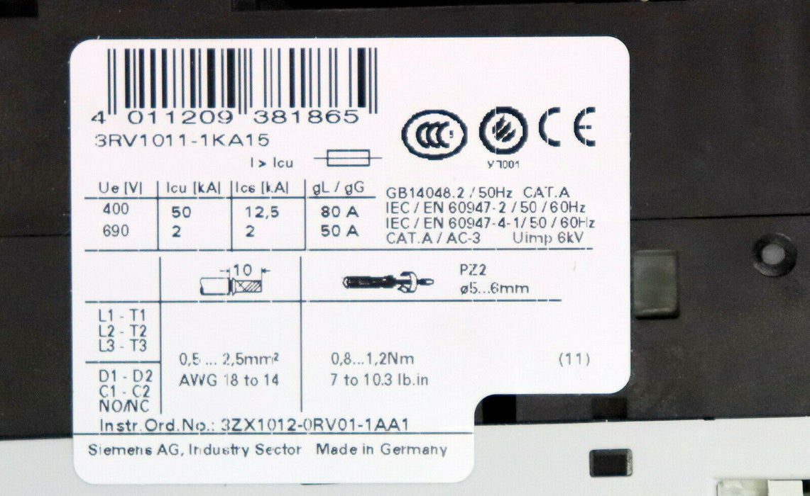 SIEMENS Motorschutzschalter 3RV1011-1KA15 9-12A 1NO + 1NC Baugröße S00