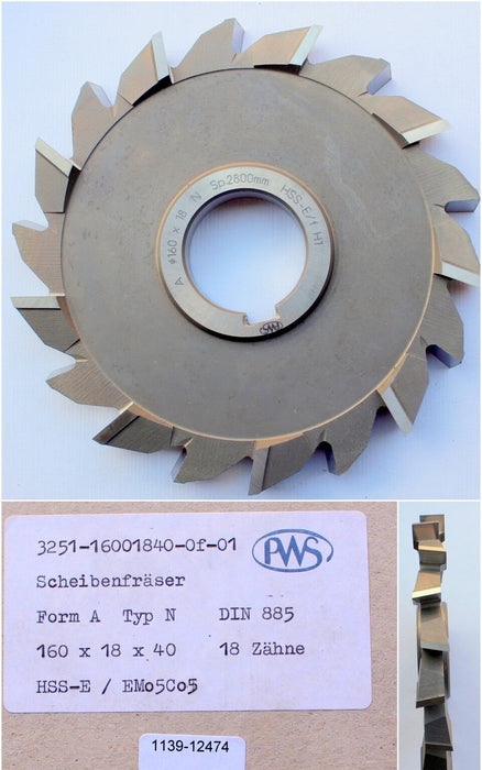 Scheibenfräser  DIN 885 Form A Typ N Ø160js16x18k11xØ40H7 - 18 Spannuten