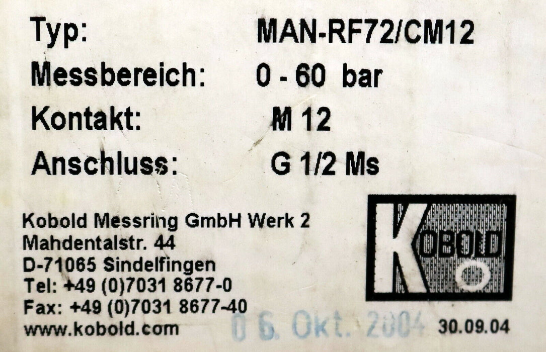 KOBOLD Rohrfeder-Manometer MAN-RF72/CM12 0-60bar Kl. 1,0 Kontakt M12