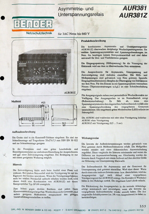 BENDER Asymmetrie- und Unterspannungsrelais AUR 381 Art.Nr. 935102 UN= 380VAC