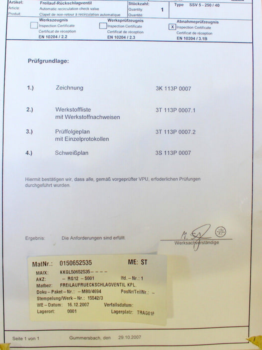 SCHROEDER VALVE Freilaufrückschlagventil komplett SSV5-250/40 DN200 PN40 Bypass