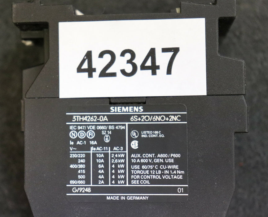 SIEMENS Schütz 62E 3TH4262-0A 6S + 2Ö 6NO + 2NC Steuerspannung 42VAC 50Hz 50VAC