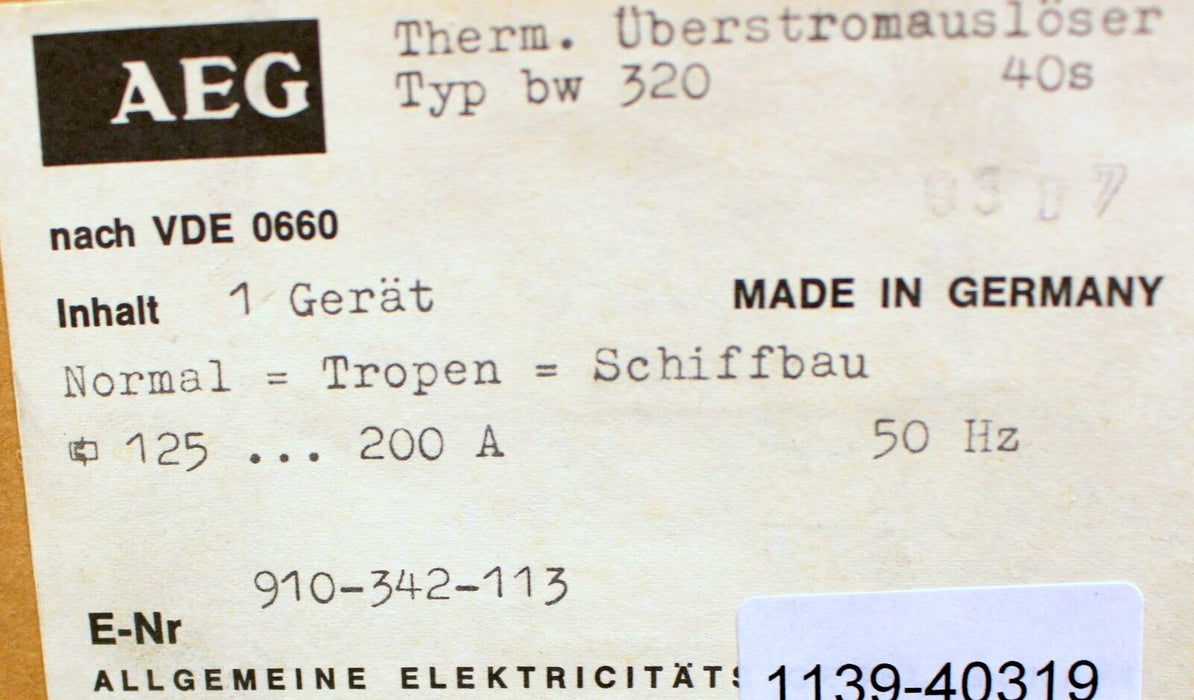 AEG Thermischer Überstromauslöser Typ bw 320 125-200A  40s E-Nr. 910-342-113