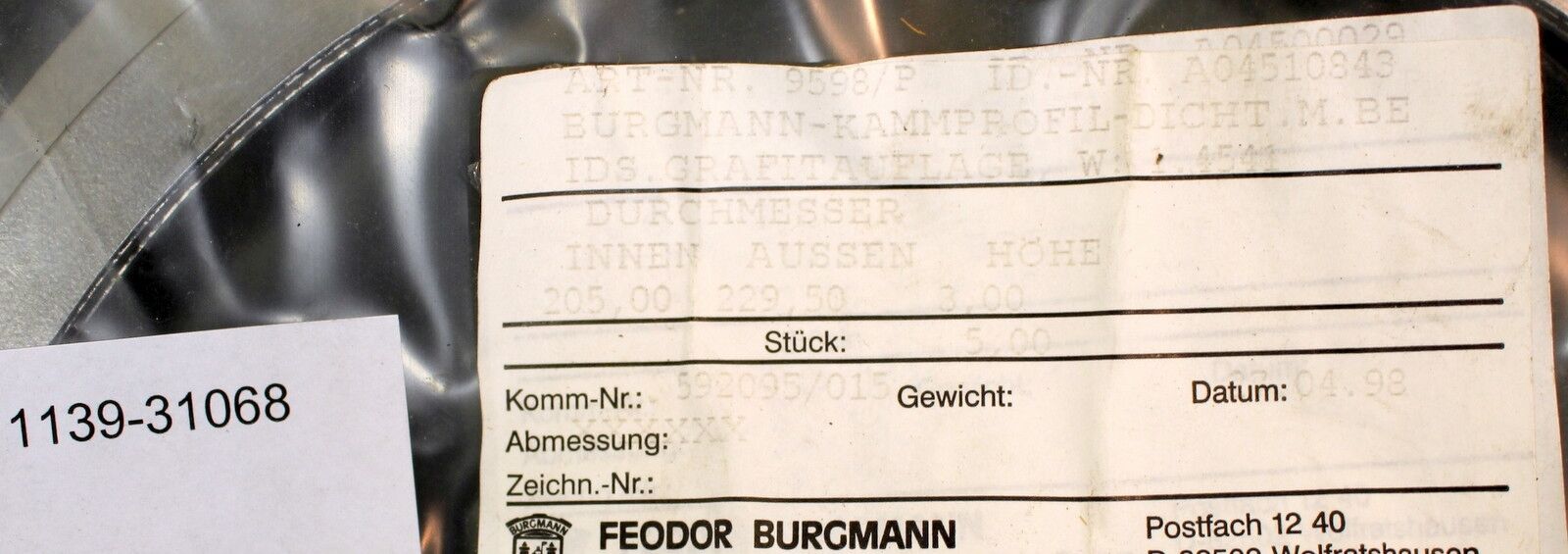 BURGMANN Kammprofildichtung 205x229,5x3 - Form A - ohne Zentrierrand - 4 Stück