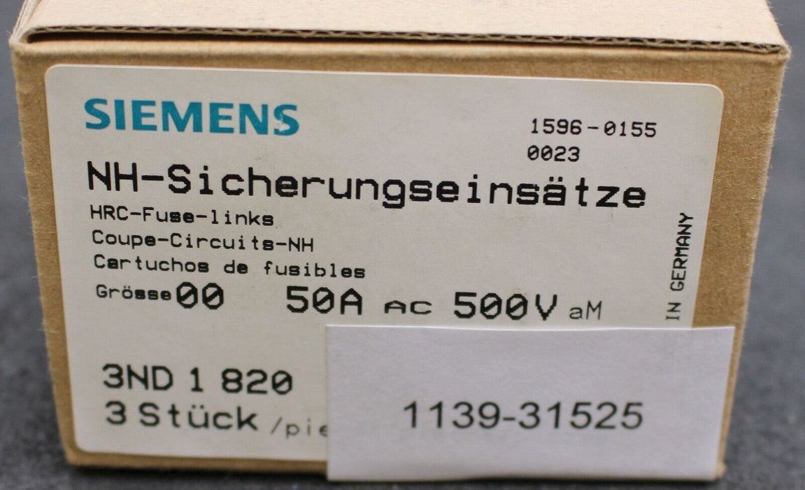 SIEMENS NH-Sicherungseinsatz 3ND1820 - Gr. 00 - 50A - AR - 500V - 3 Stück