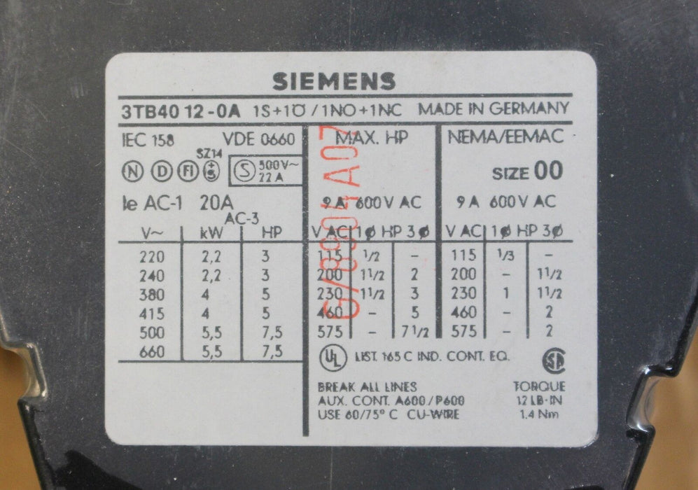 SIEMENS Schütz contactor 3TB4012-OAM0 Us = 220V 50Hz / 264V 60Hz