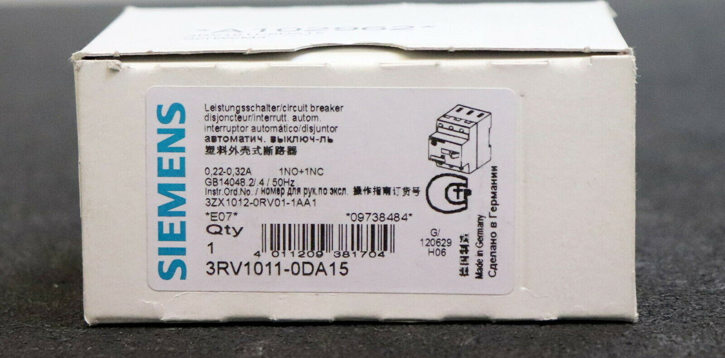 SIEMENS Motorschutzschalter 3RV1011-0DA15 0,22-0,33A 1NO + 1NC Baugröße S00