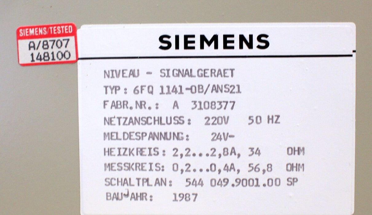 SIEMENS Niveau-Signalgerät ANS21 Typ 6FQ1141-0B - 220V/50Hz – Meldespannung 24V