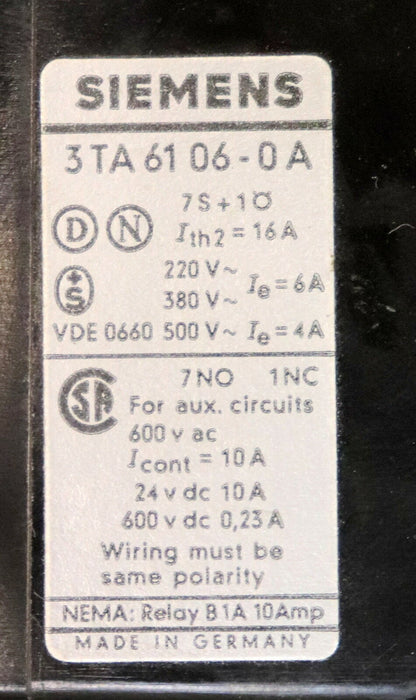 SIEMENS Schütz 3TA6106-0A 7S + 1Ö 7NO + 1NC Ith=16A 220V 50Hz gebraucht