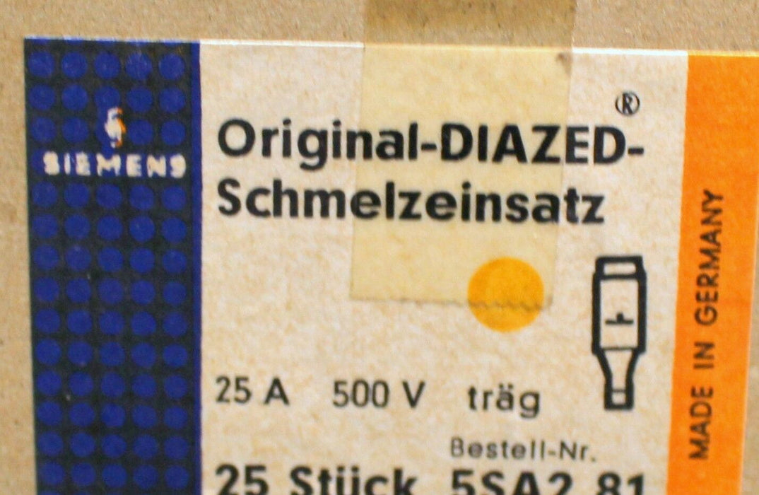 SIEMENS DIAZED-Schmelzeinsatz Sicherungseinsatz 5SA2 81 25A 500V -träg- 25 Stück