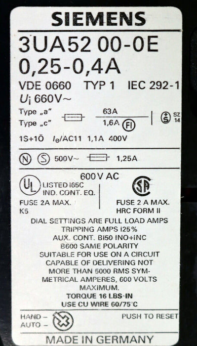 SIEMENS Überlastrelais 3UA52 00-0E 0,25-0,4A - unbenutzt