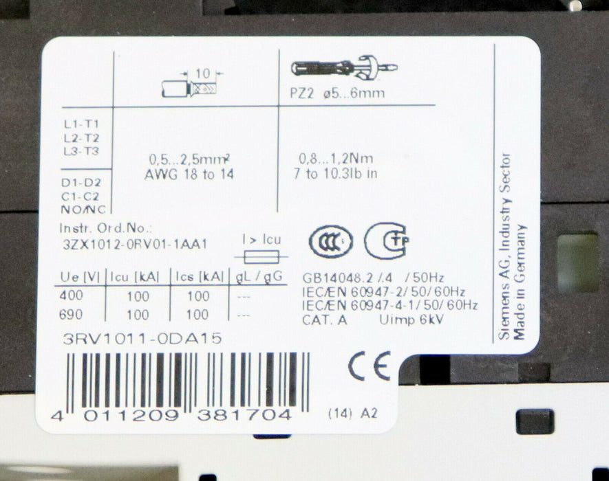 SIEMENS Motorschutzschalter 3RV1011-0DA15 0,22-0,33A 1NO + 1NC Baugröße S00