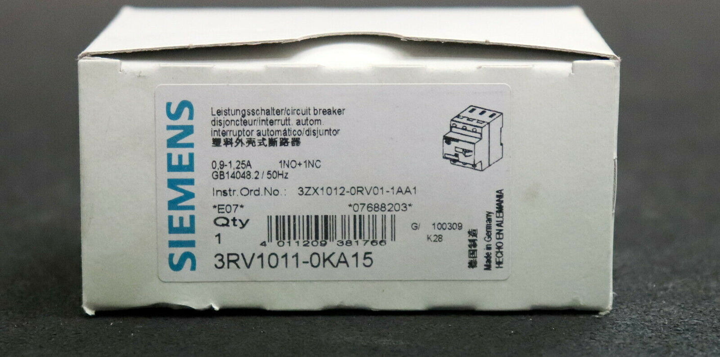 SIEMENS Motorschutzschalter 3RV1011-0KA15 0,9-1,25A 1NO + 1NC Baugröße S00