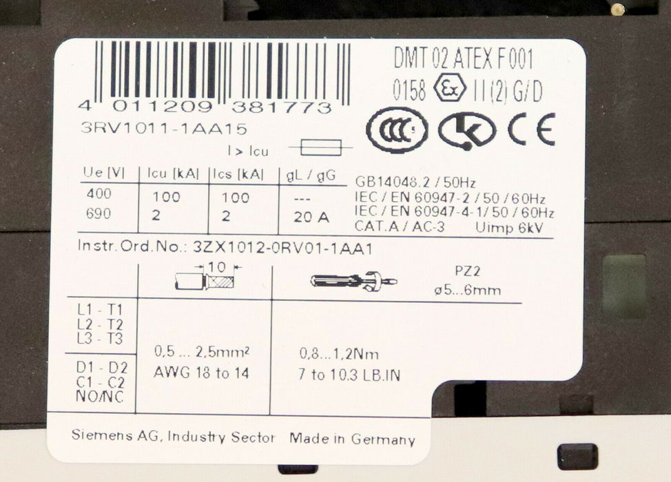 SIEMENS 2 Stück Motorschutzschalter 3RV1011-1AA15 0,11-0,16A 1NO + 1NC