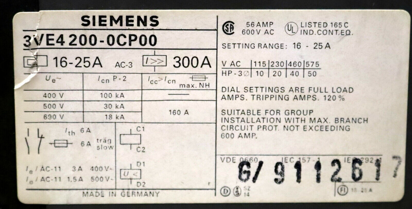 SIEMENS Leistungsschalter 16-25A 300A 3VE4200-0CP00 - gebraucht