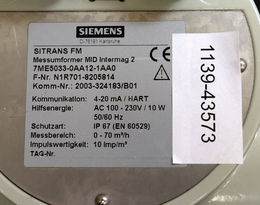 SIEMENS SITRANS FM Messumformer MID Intermag 2 7ME5033-0AA12-1AA0 - 0-70m³/h