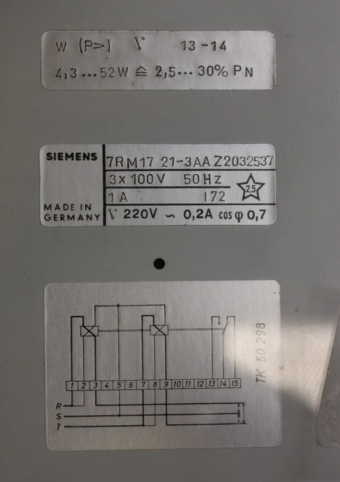 SIEMENS Dreiphasiger Rückleistungsschutz Typ: 7RM17 - 100VAC - Nr: 7RM1721-3AA