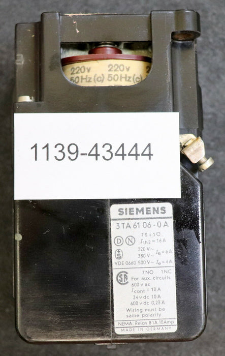 SIEMENS Schütz 3TA6106-0A 7S + 1Ö 7NO + 1NC Ith=16A 220V 50Hz gebraucht