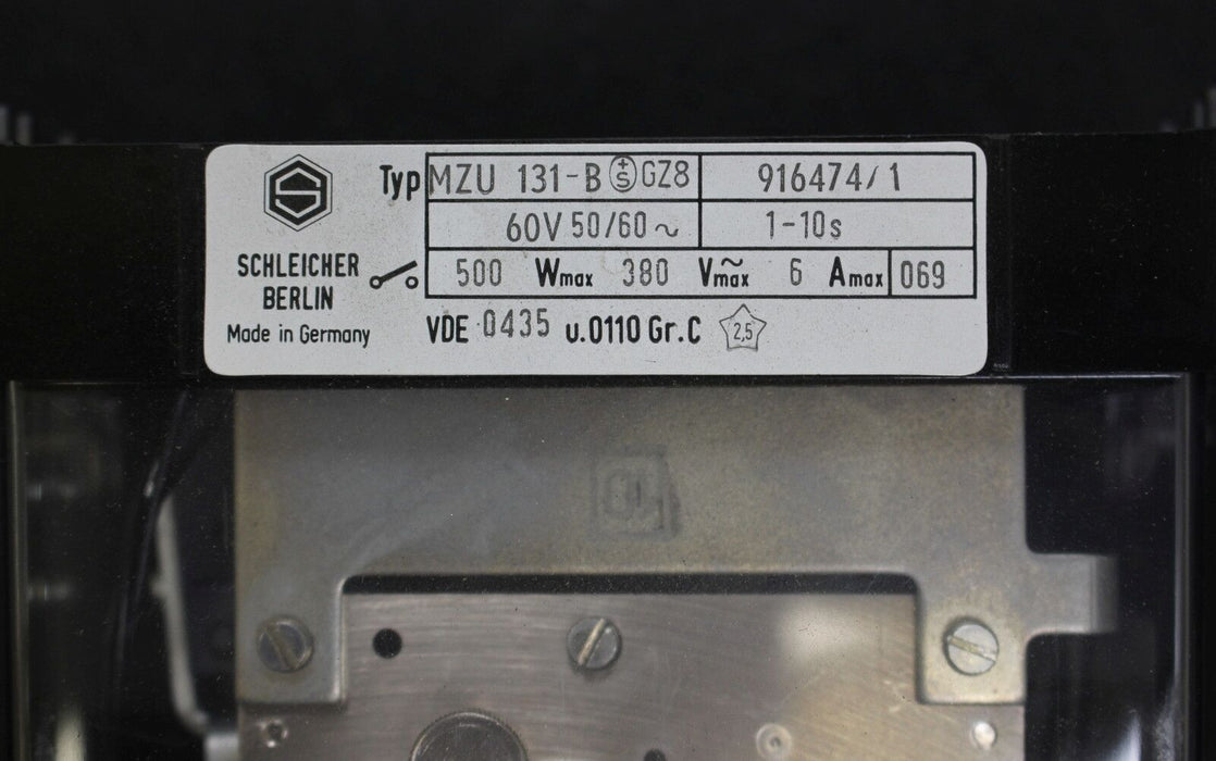 SCHLEICHER Präzisions-Zeitrelais MZU 131-B GZ8 60V 50/60Hz t=1-10s Nr. 9136474/1