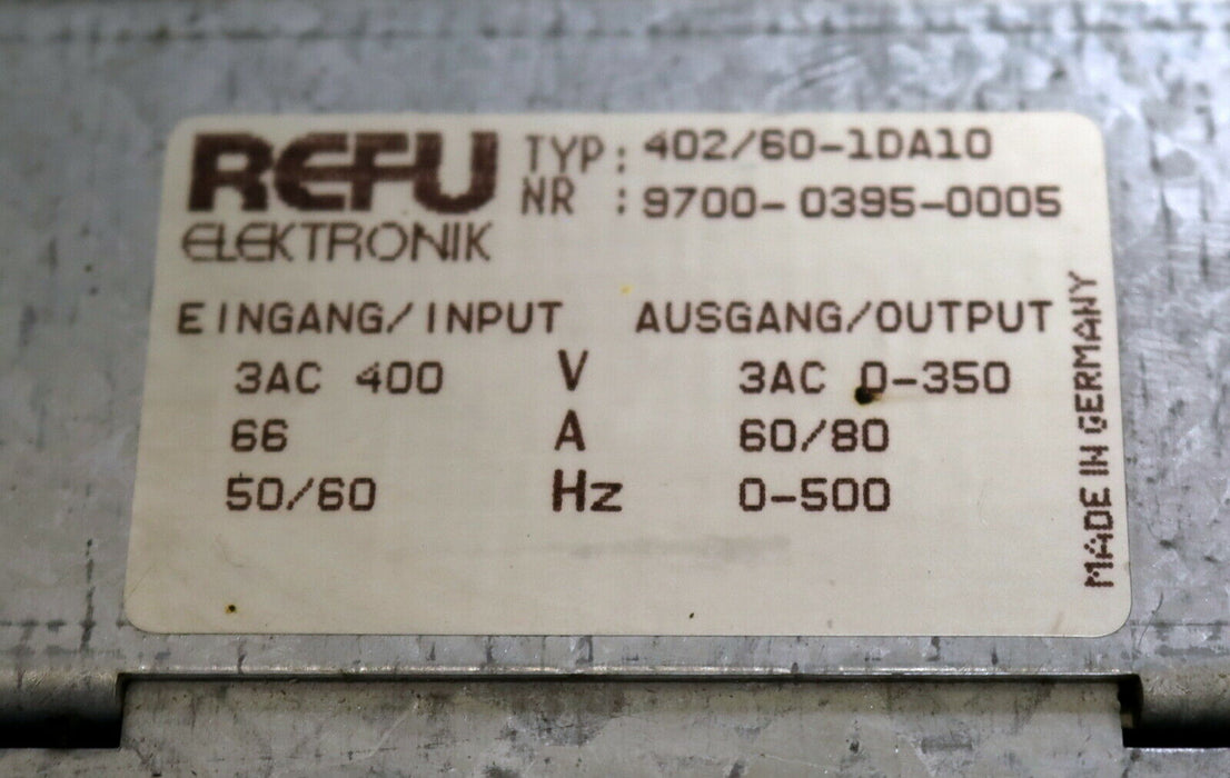 REFU KLINGELNBERG Frequenzumrichter Typ 402/60-1DA10 Eingang 400VAC 66A 50/60Hz