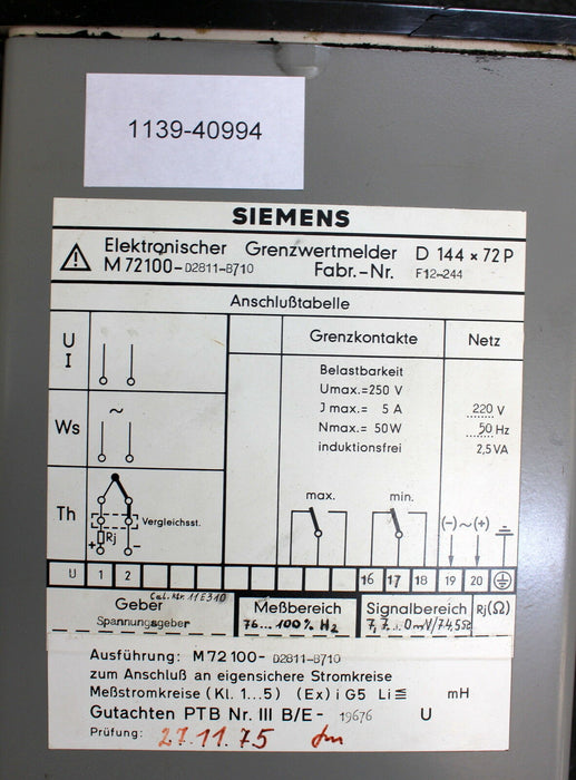 SIEMENS 1 Elektronischer Grenzwertmelder für 0-100% H2 in Luft M 72100-D2811-B7