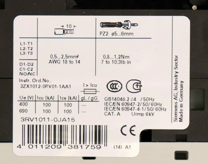 SIEMENS Motorschutzschalter 3RV1011-0JA15 0,7-1,0A 1NO + 1NC Baugröße S00