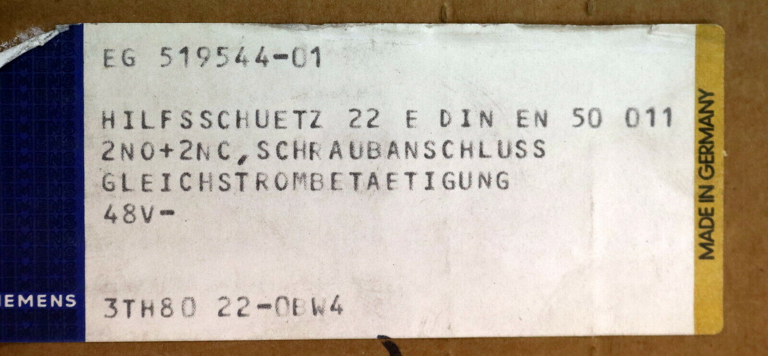 SIEMENS Hilfsschütz 3TH8022-0BW4 Us = 48VDC - unbenutzt