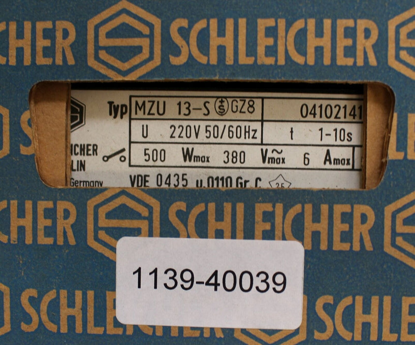 SCHLEICHER Präzisions-Zeitrelais MZU 13-S GZ8 220V 50/60Hz t=1-10s Nr. 04102141