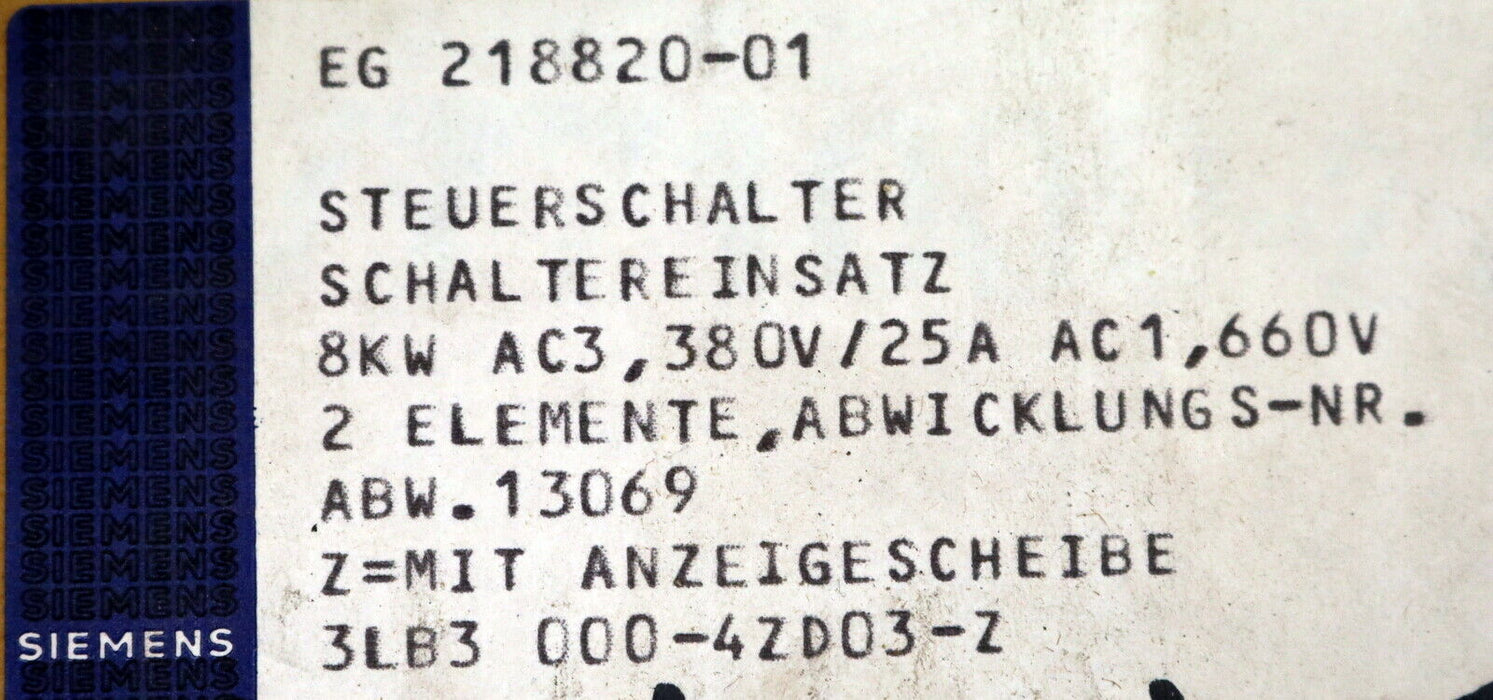 SIEMENS Steuerschalter mit Anzeigescheibe 4/0/4 8kW 380VAC 25A - mit Anleitung