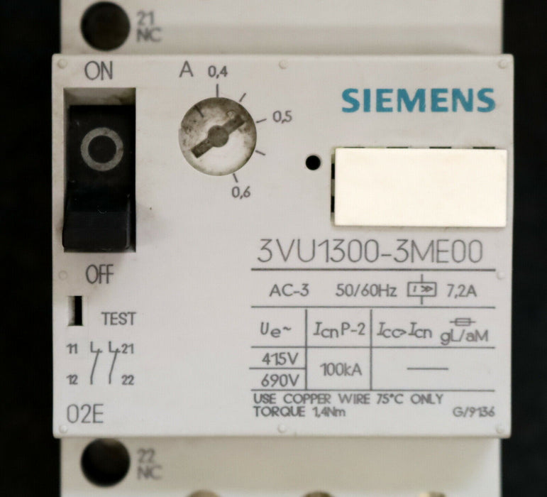 SIEMENS Schutzschalter 3VU1300-3ME00 0,4-0,6A AC-3 50/60Hz 7,2A Ue = 415/690V