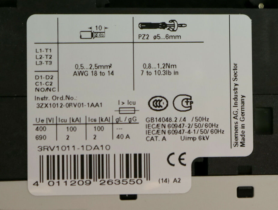 SIEMENS Leistungsschütz 2,2-3,2A 3RV1011-1DA10 unbenutzt in OVP