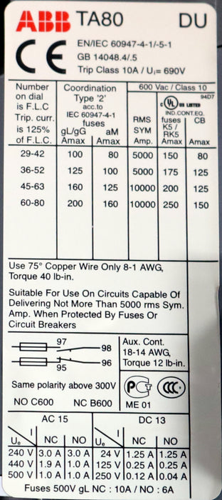 Bild des Artikels ABB-Thermisches-Überlastrelais-TA-80-DU-GB-14048.4/.5-Trip-Clas-10A-/-Ui-690V
