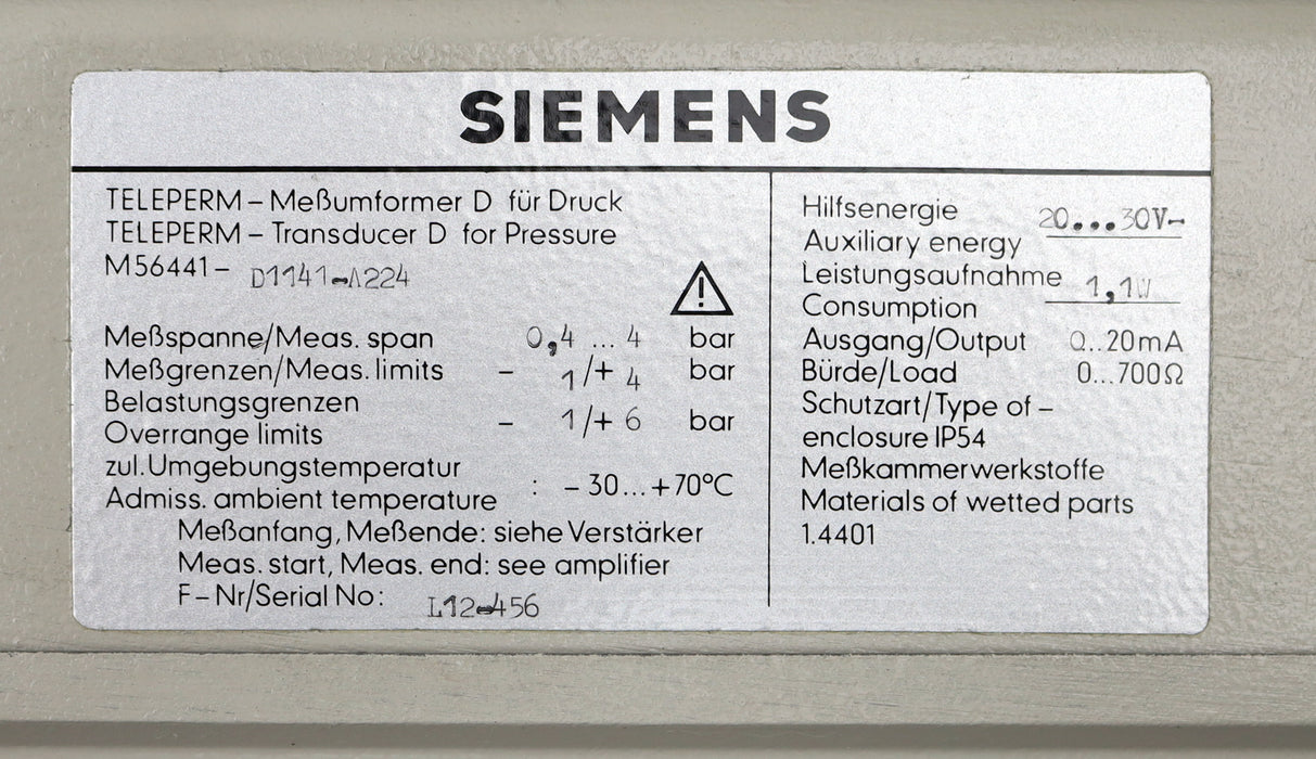 Bild des Artikels SIEMENS-TELEPERM-Messumformer-für-Druck-M56441-D1141-A224-Messspanne-0,4-4bar