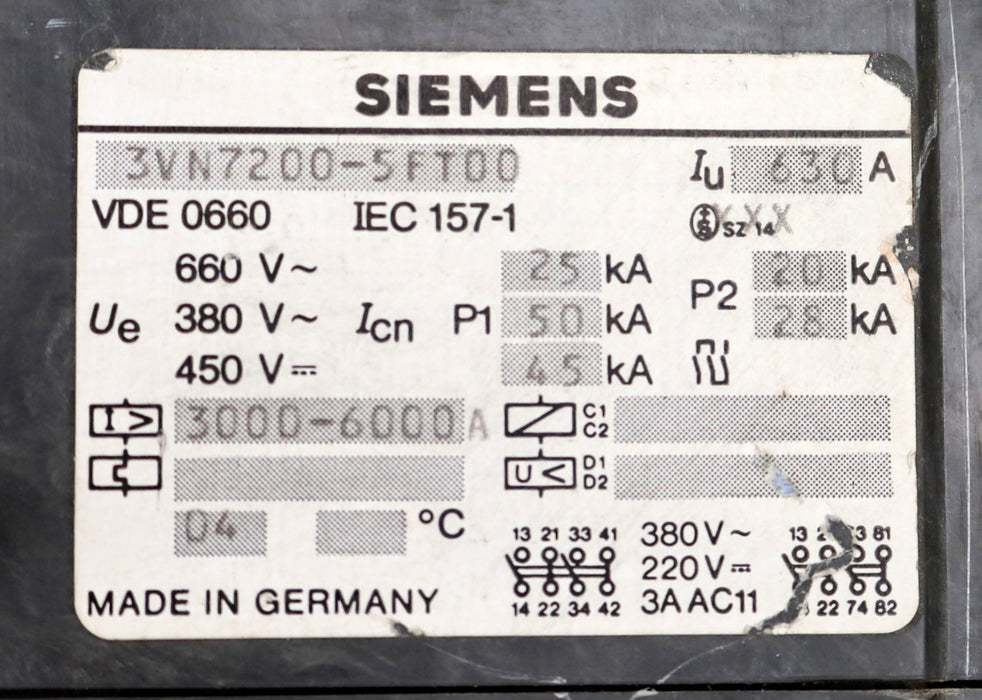 Bild des Artikels SIEMENS-Leistungsschalter-300-6000A-3VN7200-5FT00-Iu-=-630A-P1-=-25-/-50-/-45kA