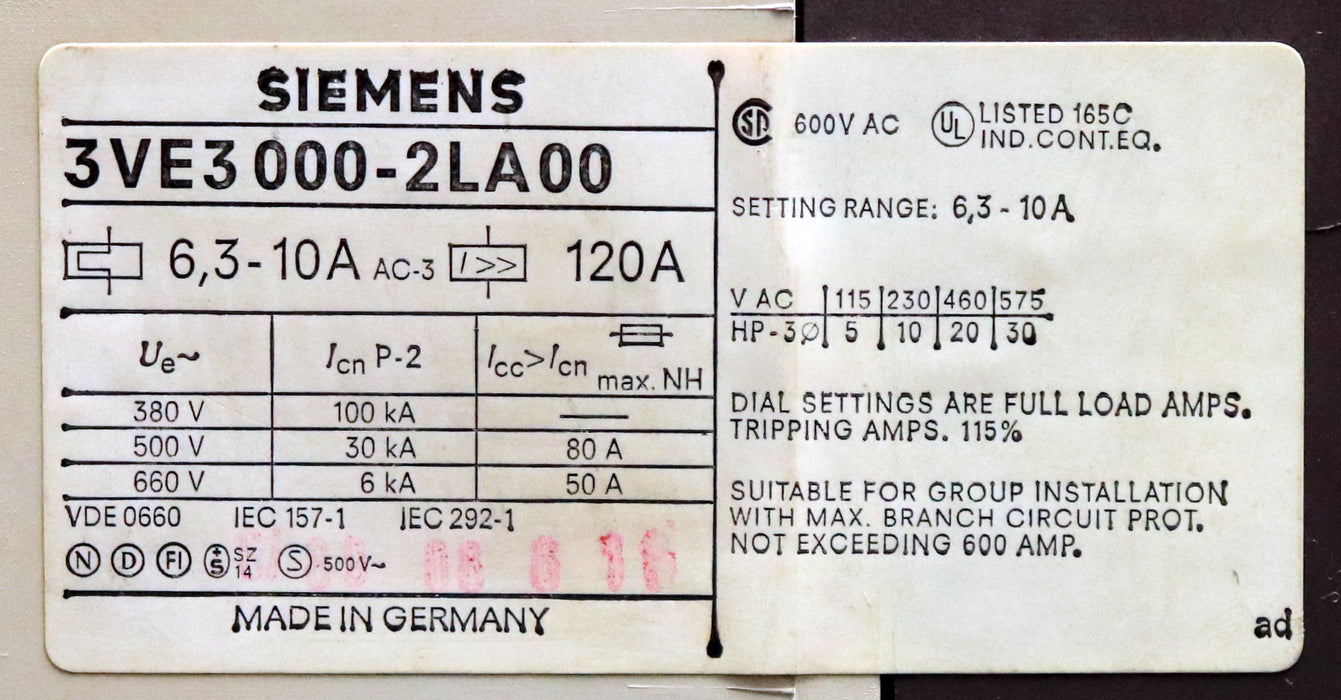 Bild des Artikels SIEMENS-2x-Leistungsschalter-3VE3000-2LA00-6,3-10A-VDE0660-gebraucht