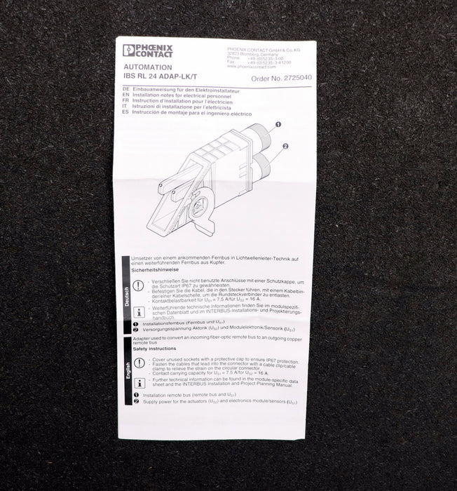 Bild des Artikels PHOENIX-CONTACT-Adapterset-IBS-RL-24-ADAP-LK/T-Ord.Nr.:-2725040-Us1-24V-7,5A