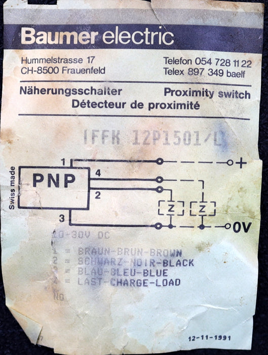 Bild des Artikels BAUMER-ELECTRIC-induktiver-Näherungsschalter-IFFK-12P1501/L-10-30VDC-gebraucht