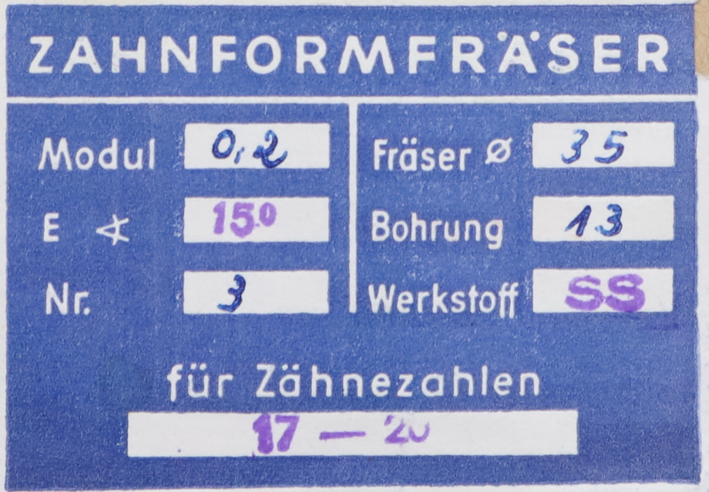 Bild des Artikels DOLD-Zahnformfräser-m=-0,2mm-No.-3-für-Z=-17-20-EGW-15°-gear-profile-cutter