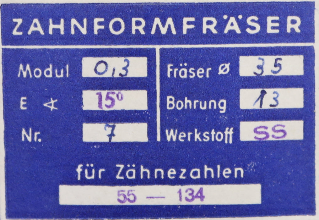 Bild des Artikels DOLD-Zahnformfräser-m=-0,3mm-No.-7-für-Z=-55-134-EGW-15°-gear-profile-cutter