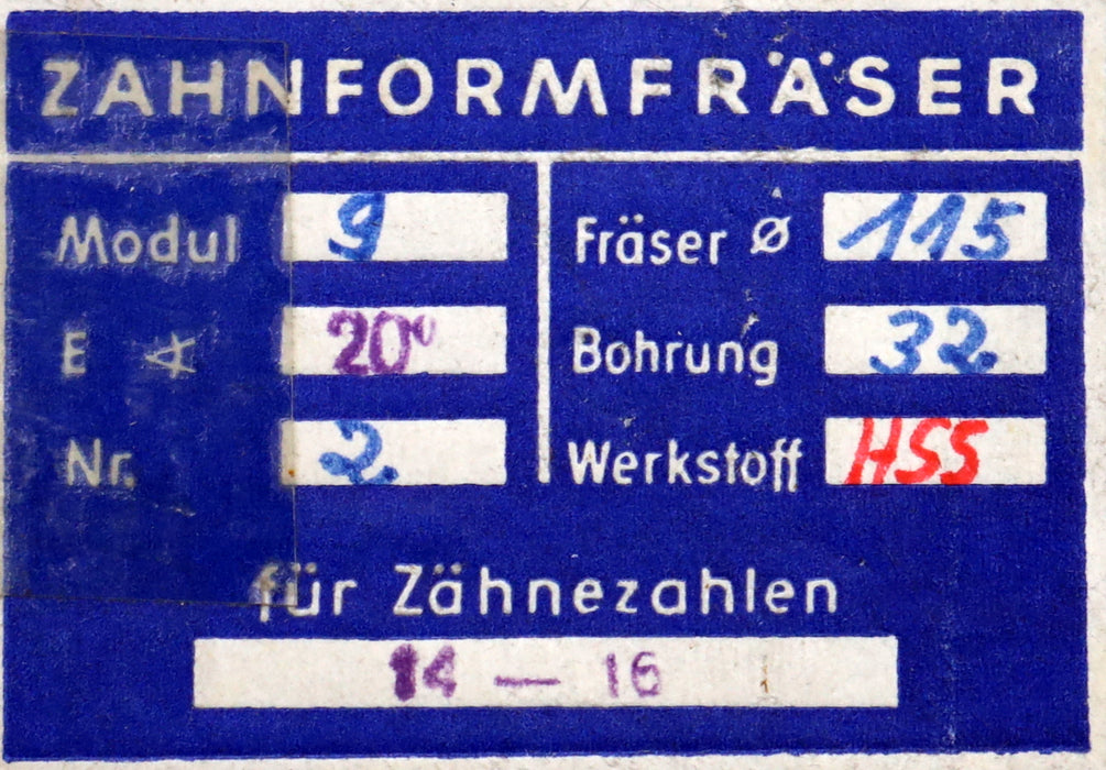 Bild des Artikels DOLD-Zahnformfräser-m=-9mm-No.-2-für-Z=-14-16-EGW-20°-gear-profile-cutter