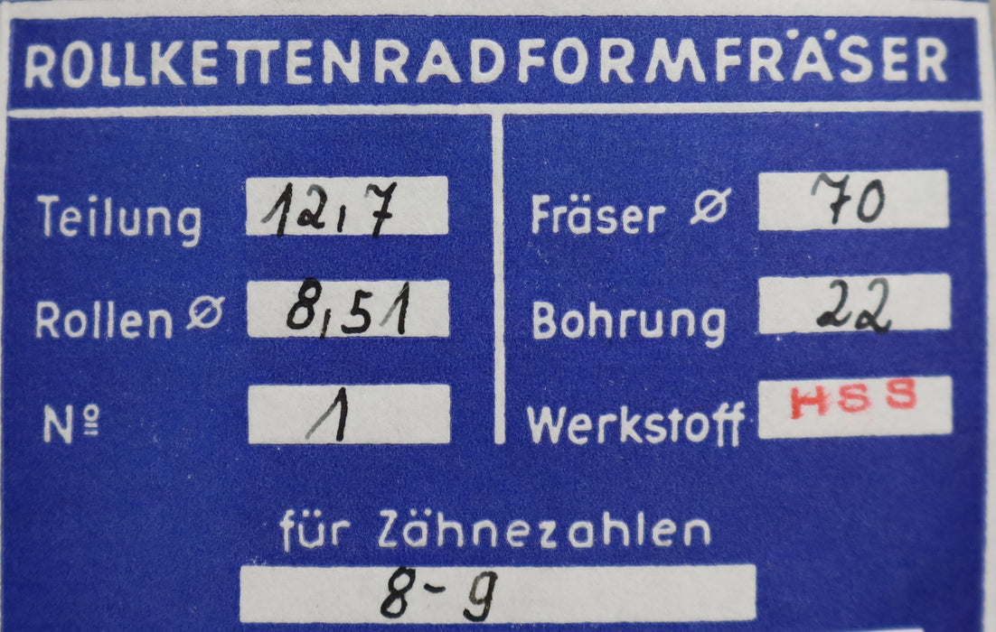 Bild des Artikels DOLD-Rollketenrad-Formfräser-Teilung=-12,75mm=-1/2"-RollenØ=-8,51mm-Ø70x22mm-LKN