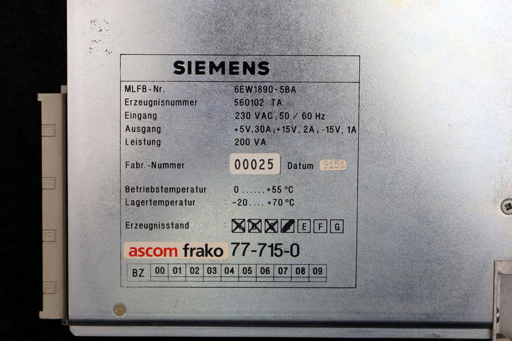 Bild des Artikels SIEMENS-ASCOM-Power-Supply-6EW1890-5BA-Version-D-gebraucht