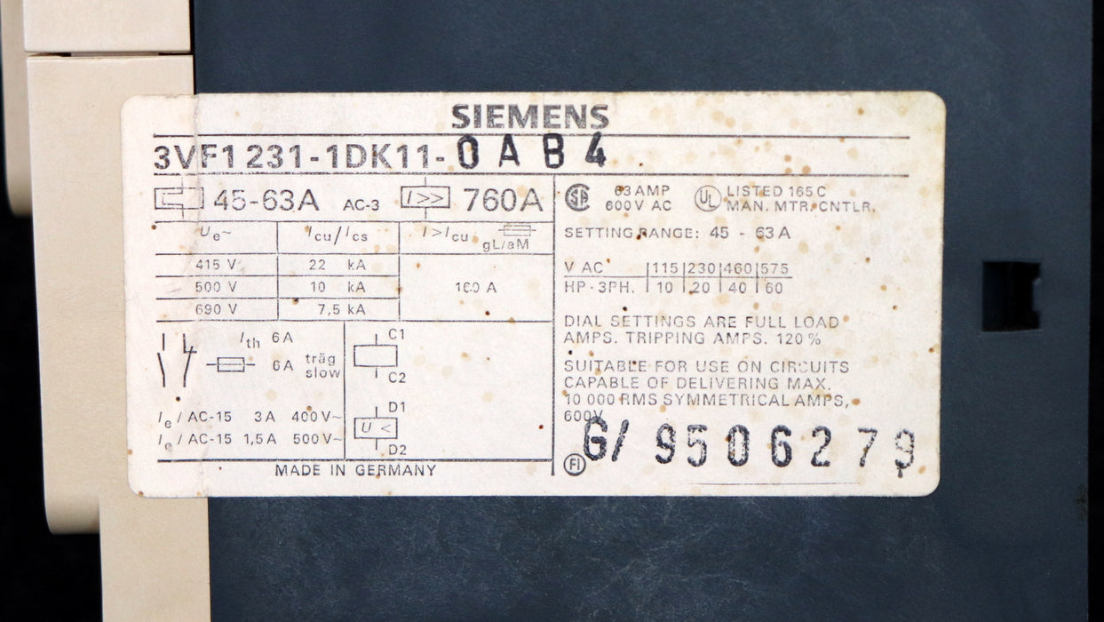 Bild des Artikels SIEMENS-Motorschutzschalter-3VF1231-1DK11-0AB4-63A-gebraucht