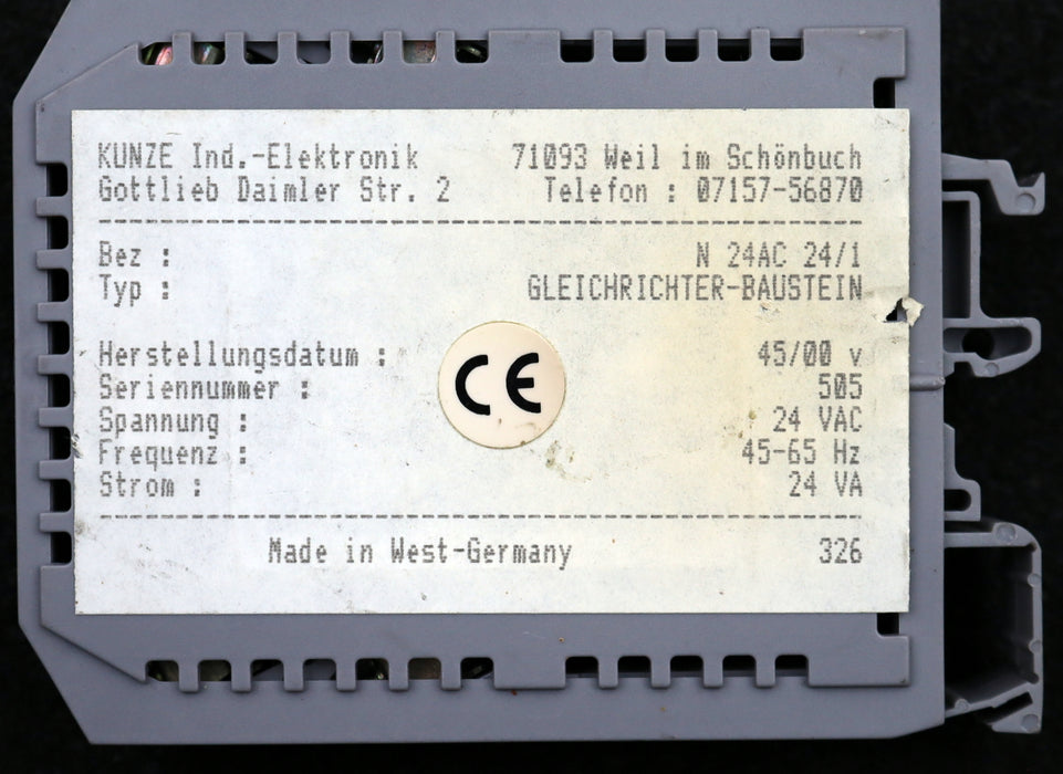 Bild des Artikels KUNZE-Gleichrichter-Baustein-N24AC24/1-Spannung-24VAC-Strom-24VA-45-65Hz