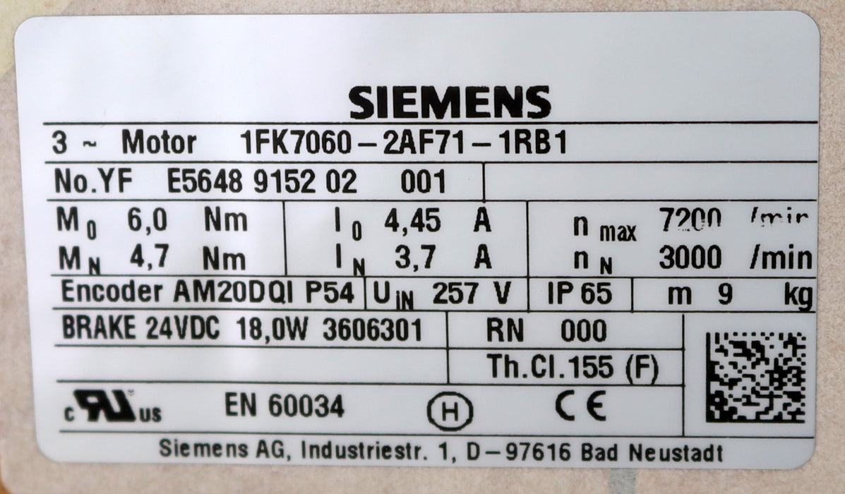 Bild des Artikels SIEMENS-SIMOTICS-S-Synchronmotor-1FK7060-2AF71-1RB1-1,5kW-UIN=257V-M0-=-6Nm