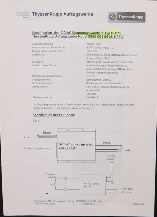 Bild des Artikels THYSSENKRUPP-Wechselrichter-Typ-DE075-Model-9950-001-0615:-HP600