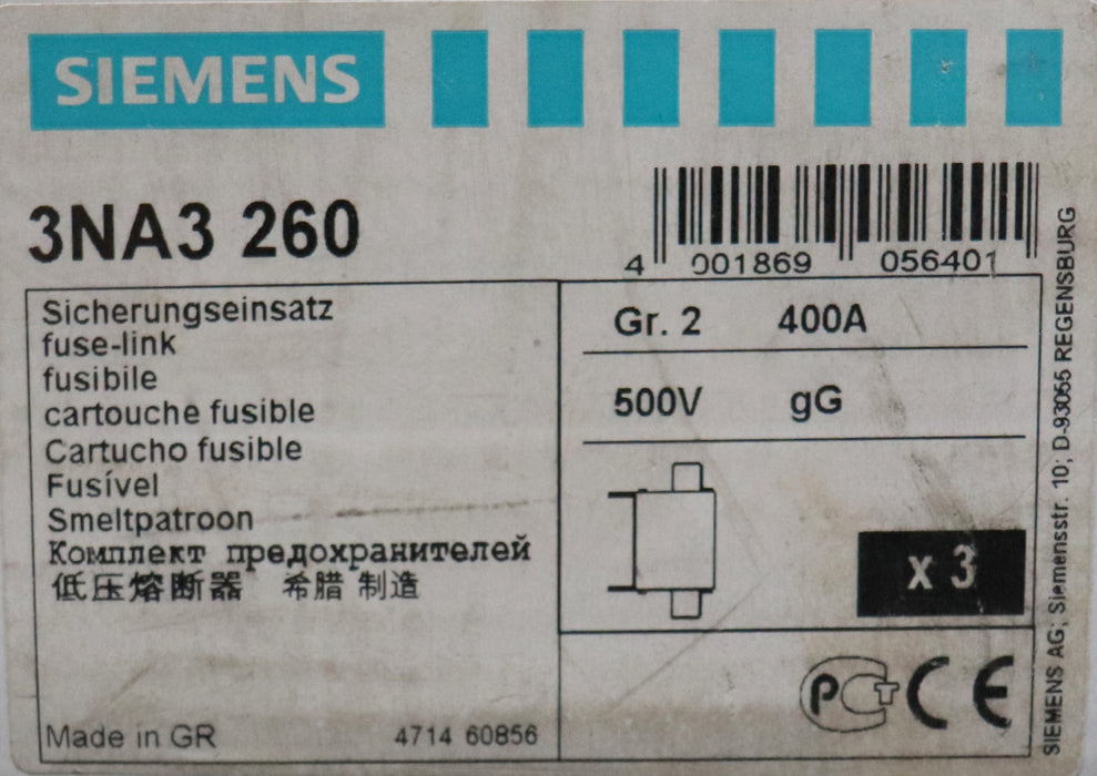 Bild des Artikels SIEMENS-3x-Sicherungseinsatz-fuse-link-3NA3260-Gr.-2-400A-500VAC-gG-unbenutzt