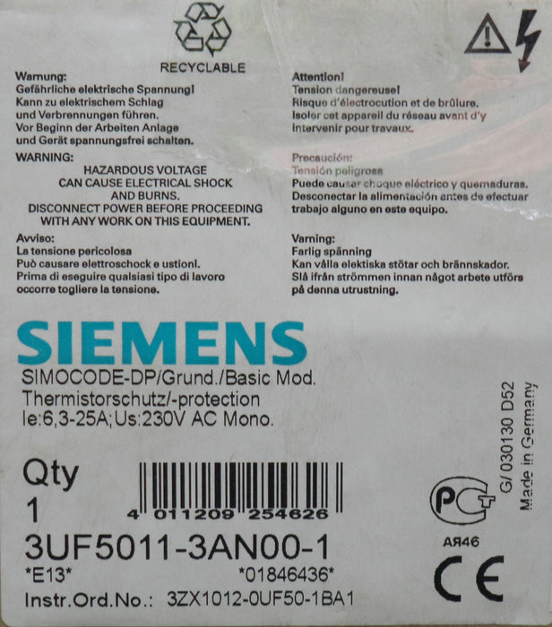 Bild des Artikels SIEMENS-SIMOCODE-DP-Thermistorschutz-3UF5011-3AN00-1-6,3-25A---230VAC